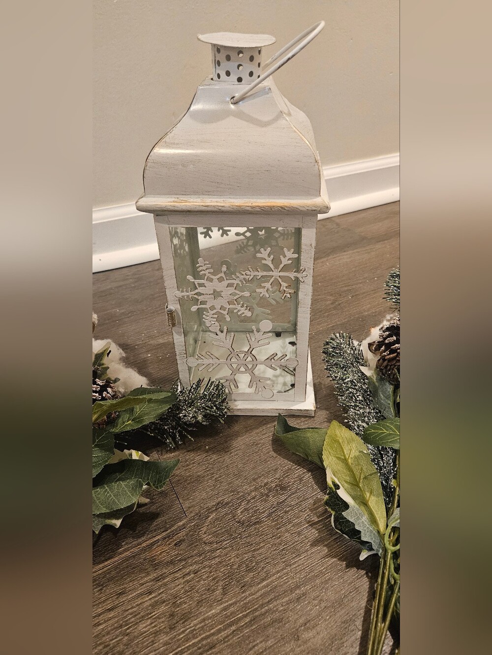 Winter Decor Bundle White Snowflake Lantern With 2 Winter Berry Stems